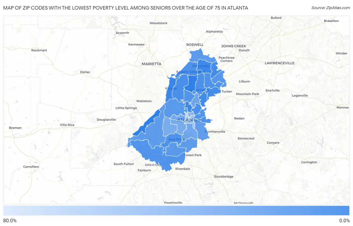 Zip Codes with the Lowest Poverty Level Among Seniors Over the Age of 75 in Atlanta Map