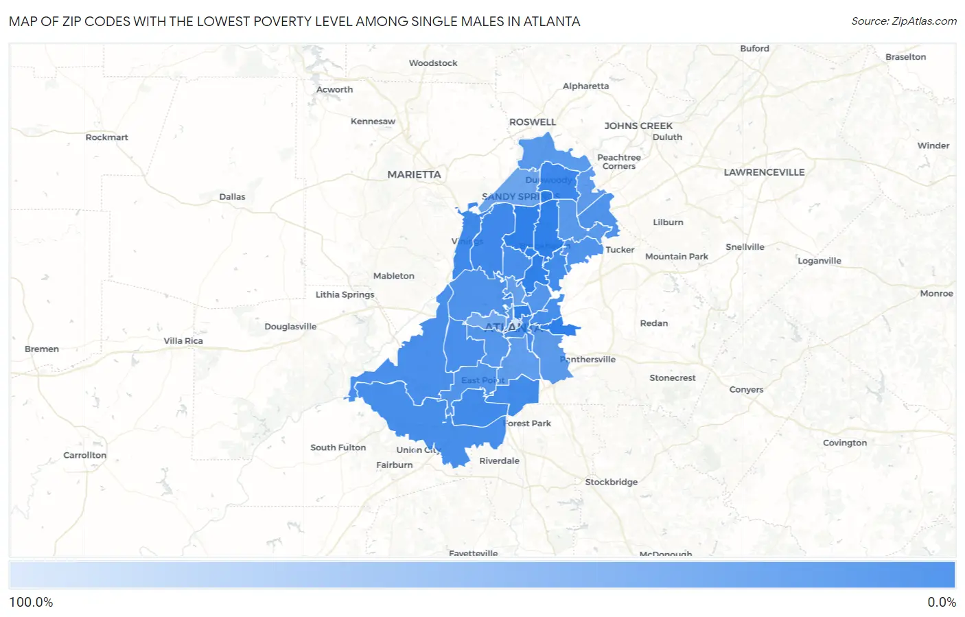 Zip Codes with the Lowest Poverty Level Among Single Males in Atlanta Map