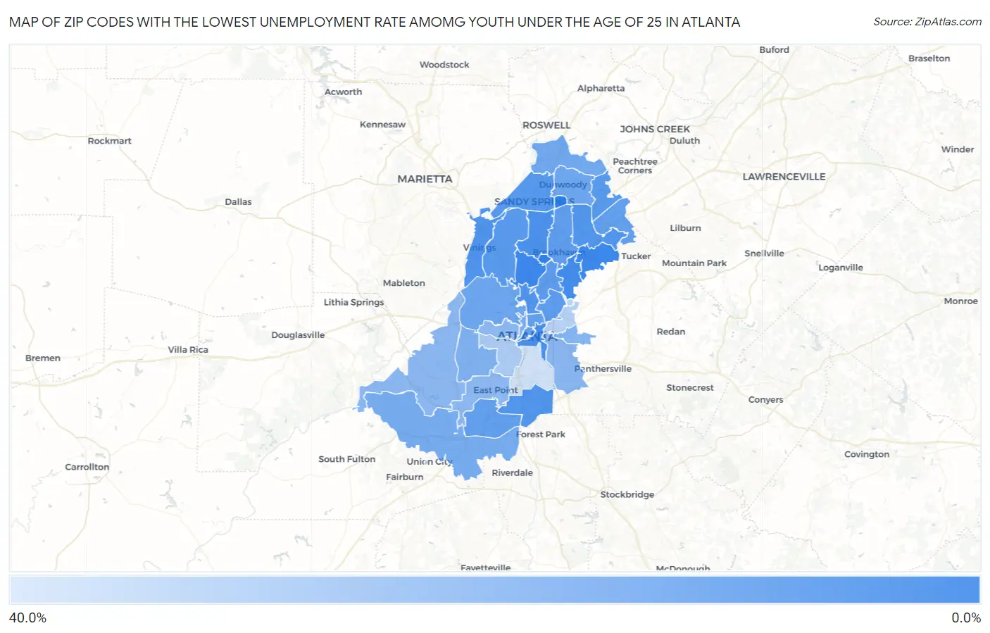 Zip Codes with the Lowest Unemployment Rate Amomg Youth Under the Age of 25 in Atlanta Map