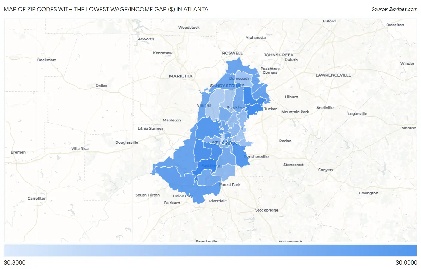 Zip Codes with the Lowest Wage/Income Gap ($) in Atlanta Map