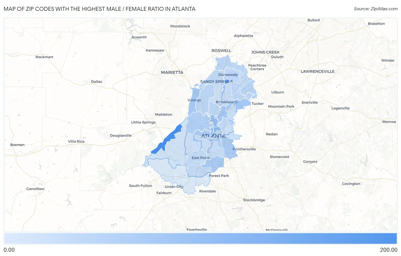 Zip Codes with the Highest Male / Female Ratio in Atlanta Map