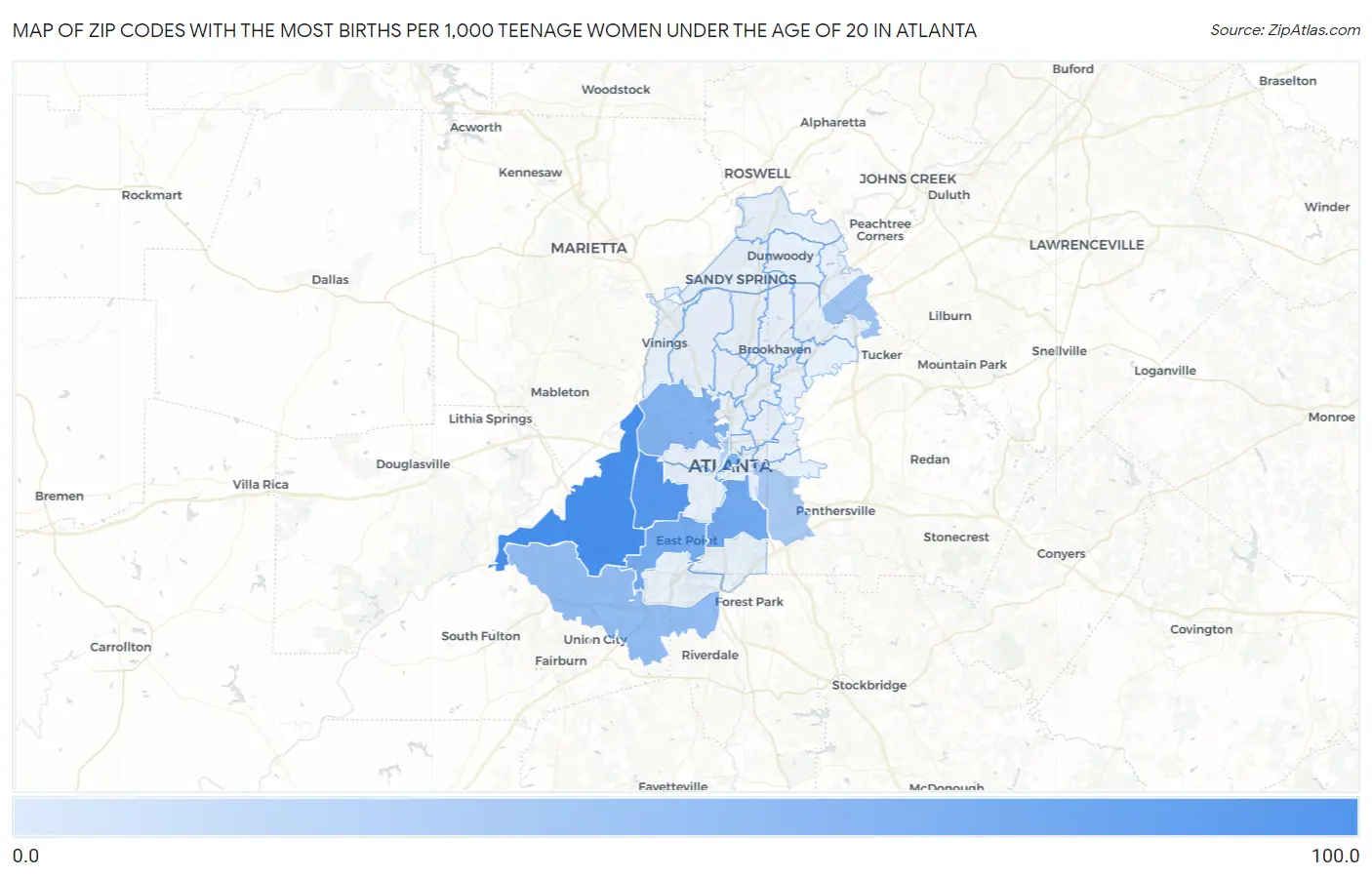 Zip Codes with the Most Births per 1,000 Teenage Women Under the Age of 20 in Atlanta Map
