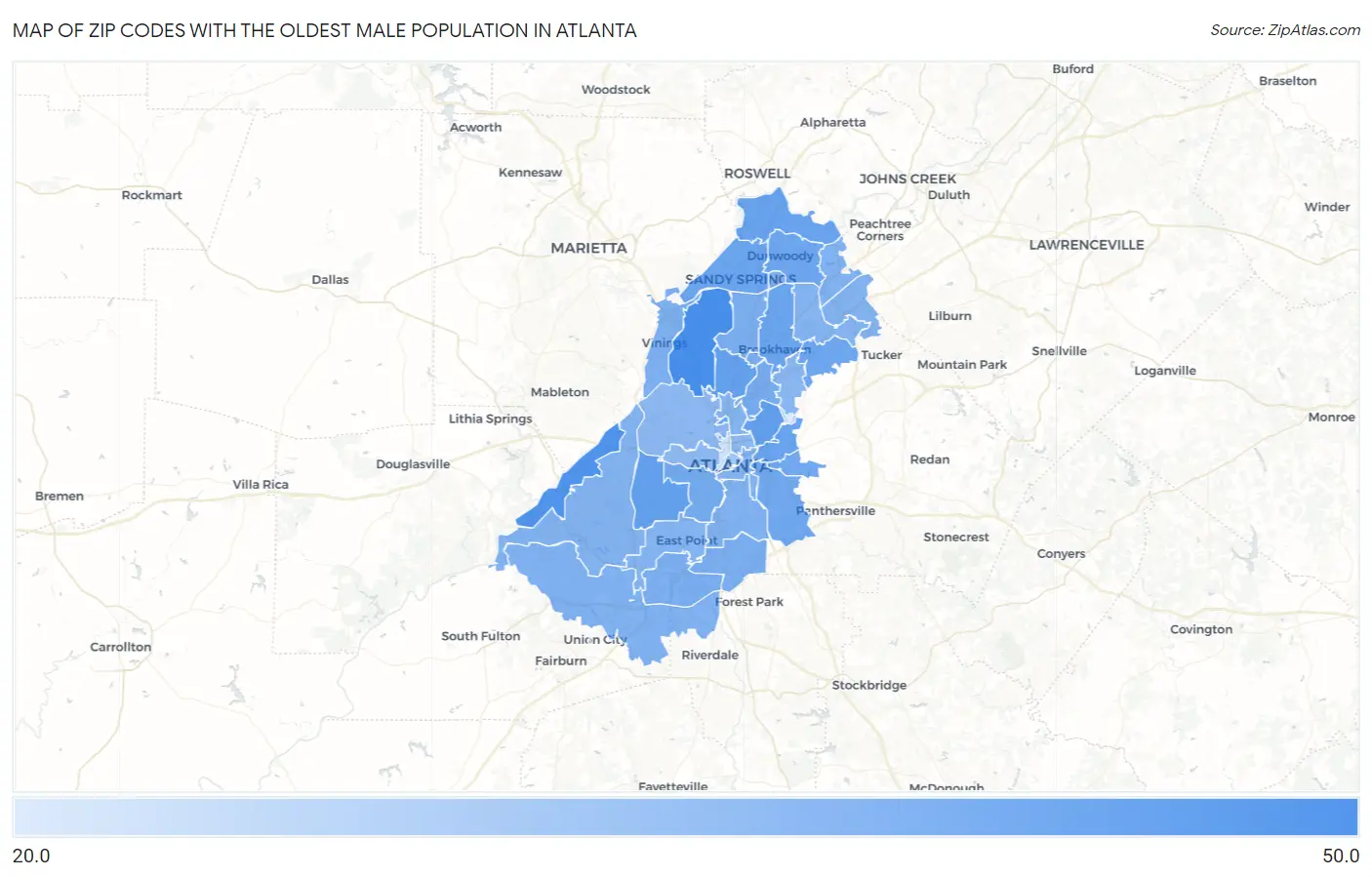 Zip Codes with the Oldest Male Population in Atlanta Map