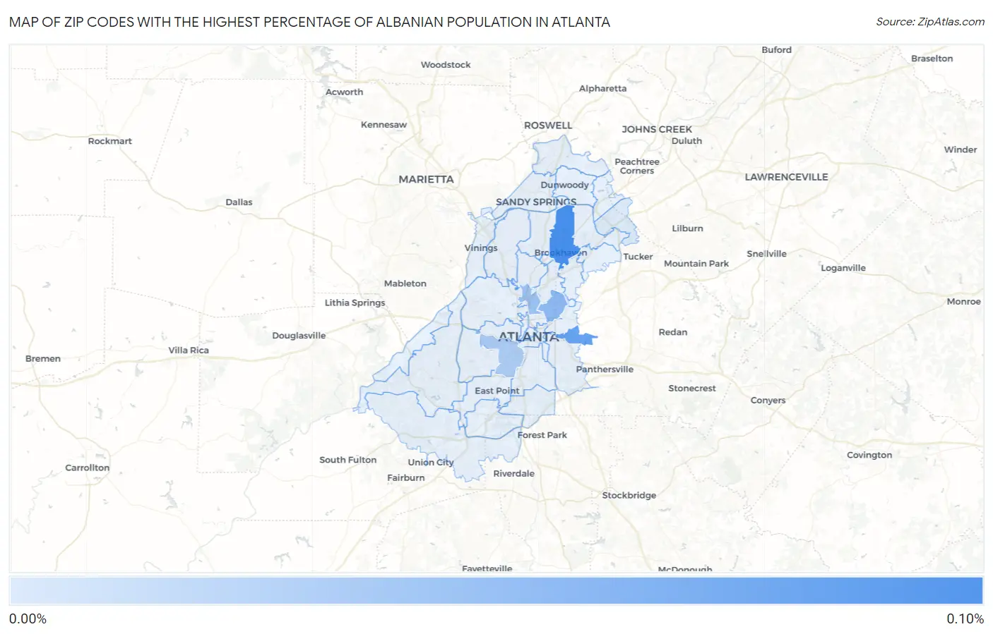 Zip Codes with the Highest Percentage of Albanian Population in Atlanta Map