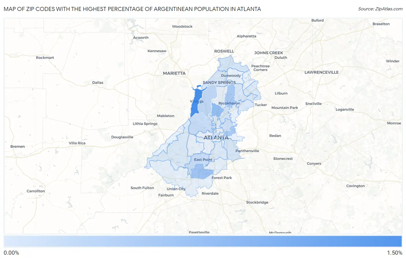 Zip Codes with the Highest Percentage of Argentinean Population in Atlanta Map