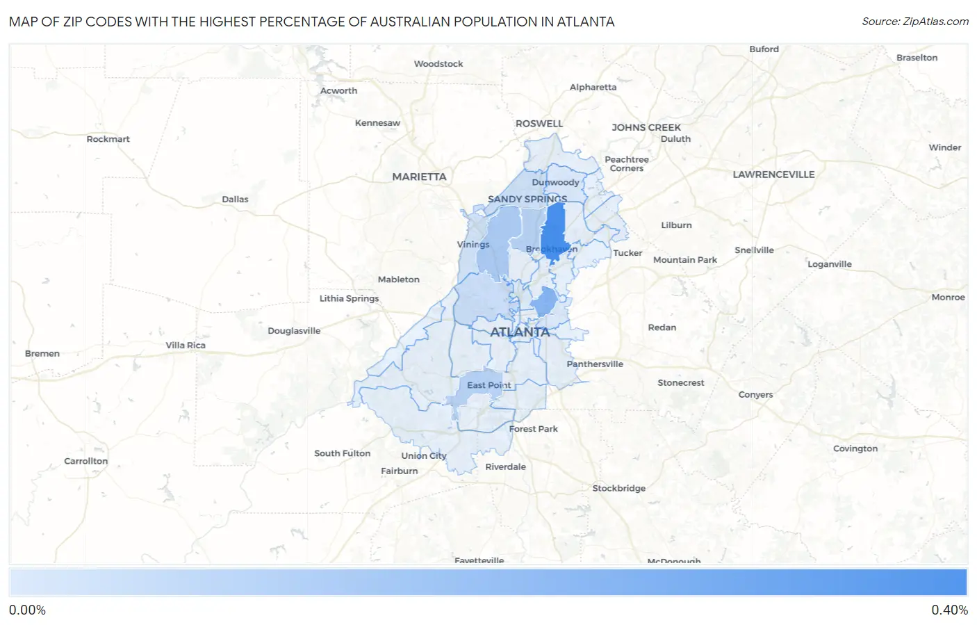 Zip Codes with the Highest Percentage of Australian Population in Atlanta Map