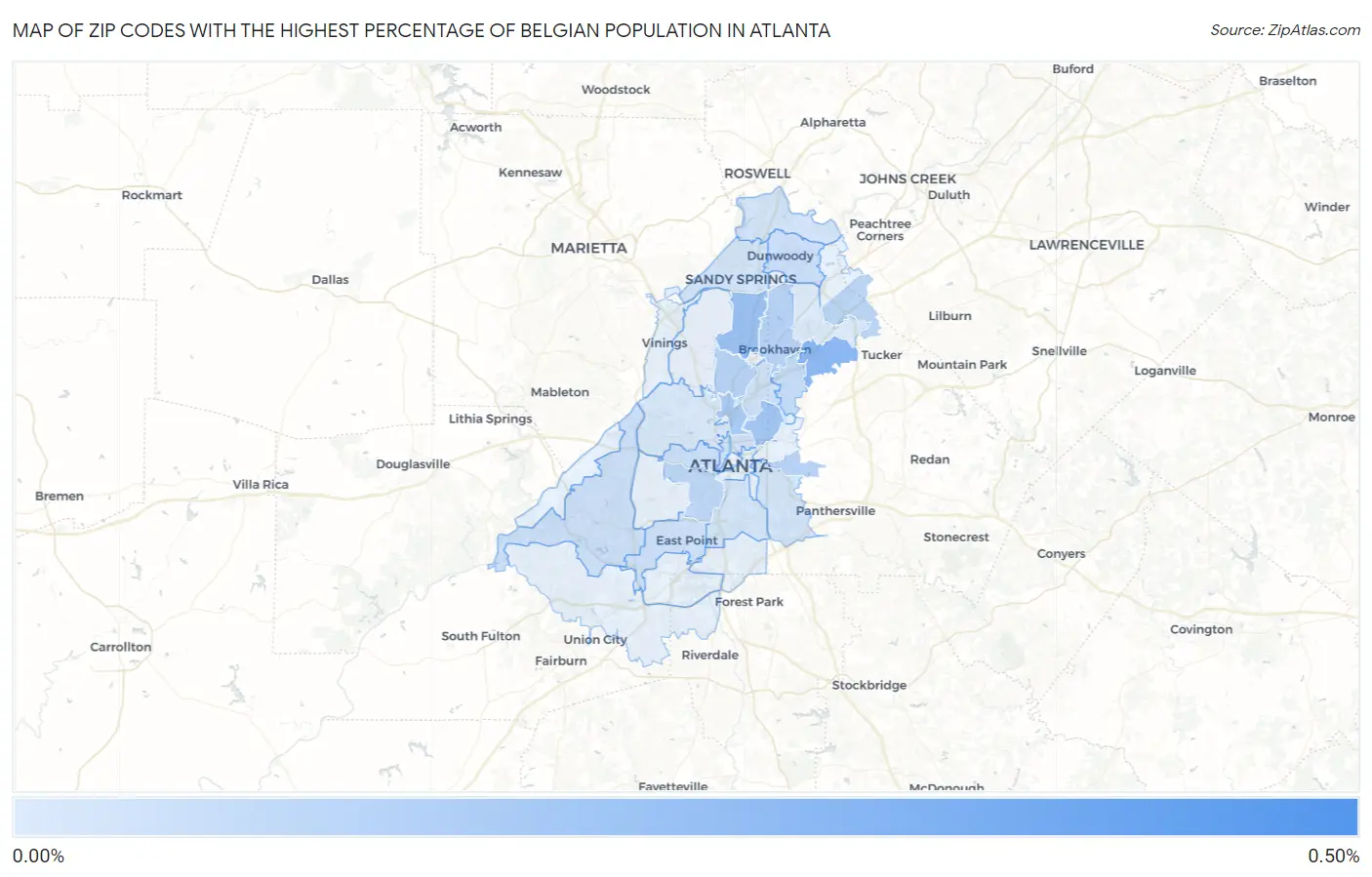 Zip Codes with the Highest Percentage of Belgian Population in Atlanta Map