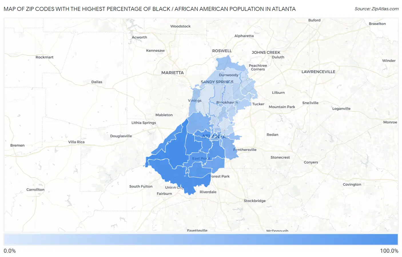 Zip Codes with the Highest Percentage of Black / African American Population in Atlanta Map