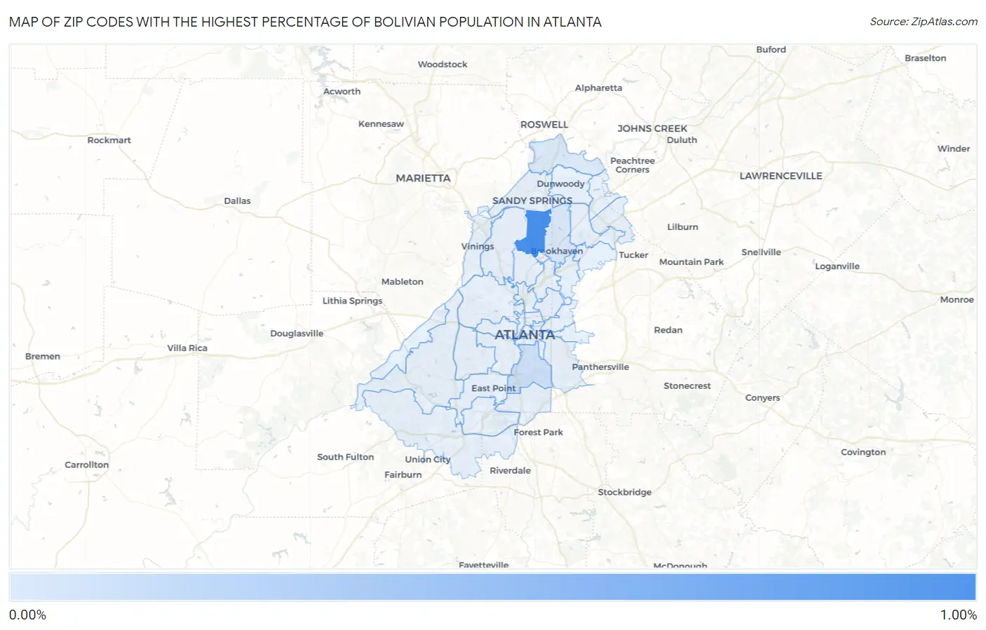 Zip Codes with the Highest Percentage of Bolivian Population in Atlanta Map