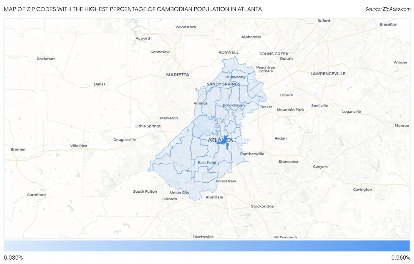 Zip Codes with the Highest Percentage of Cambodian Population in Atlanta Map