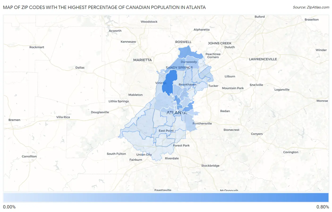 Zip Codes with the Highest Percentage of Canadian Population in Atlanta Map