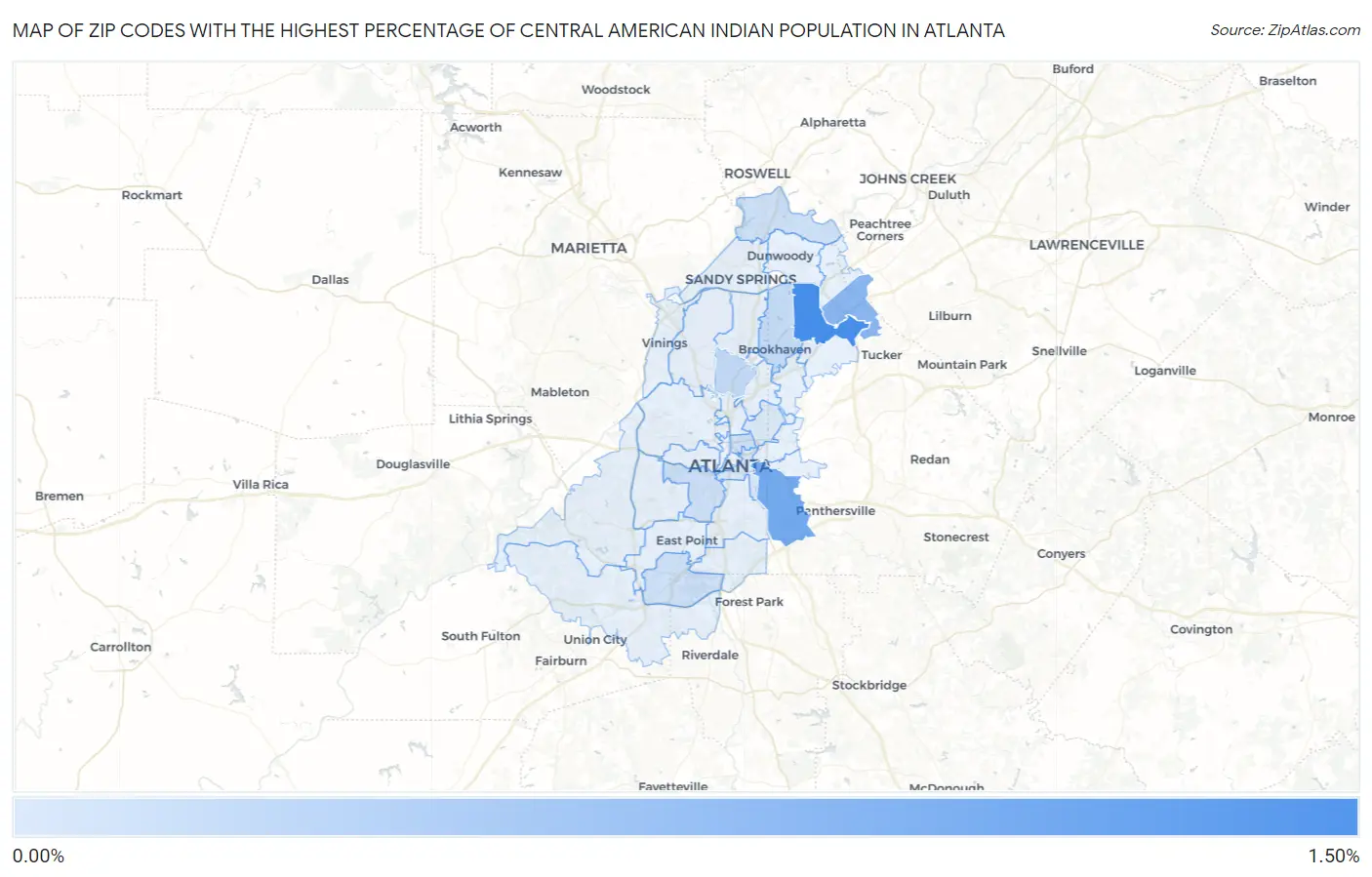 Zip Codes with the Highest Percentage of Central American Indian Population in Atlanta Map