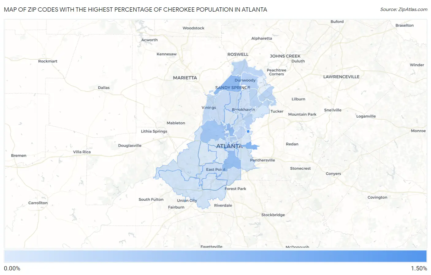 Zip Codes with the Highest Percentage of Cherokee Population in Atlanta Map