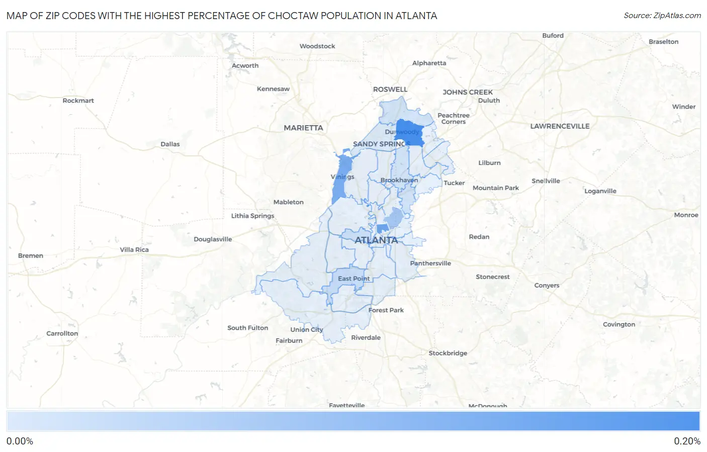 Zip Codes with the Highest Percentage of Choctaw Population in Atlanta Map