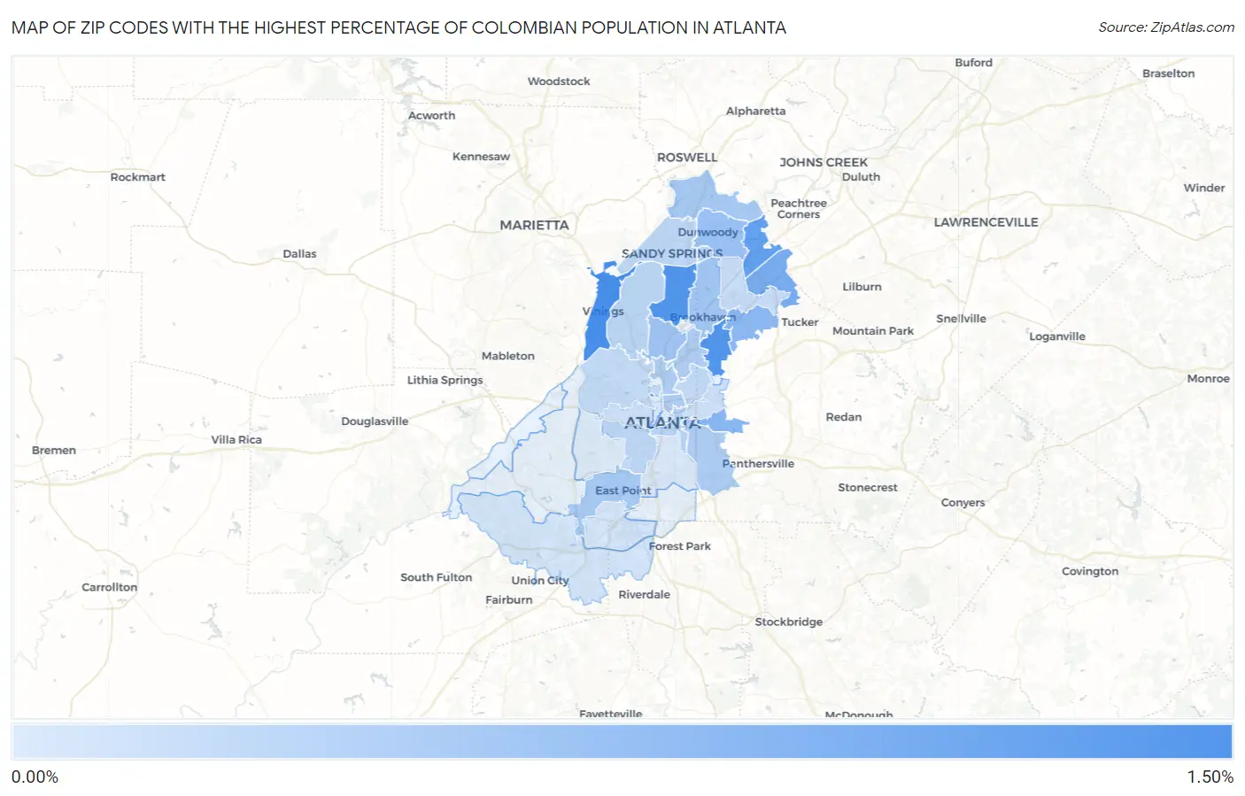 Zip Codes with the Highest Percentage of Colombian Population in Atlanta Map