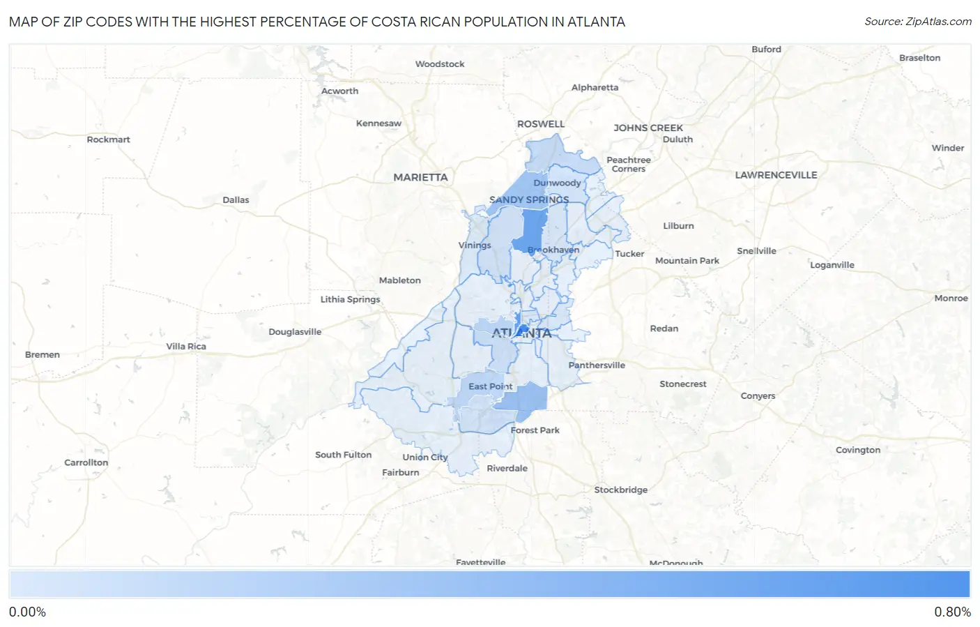Zip Codes with the Highest Percentage of Costa Rican Population in Atlanta Map