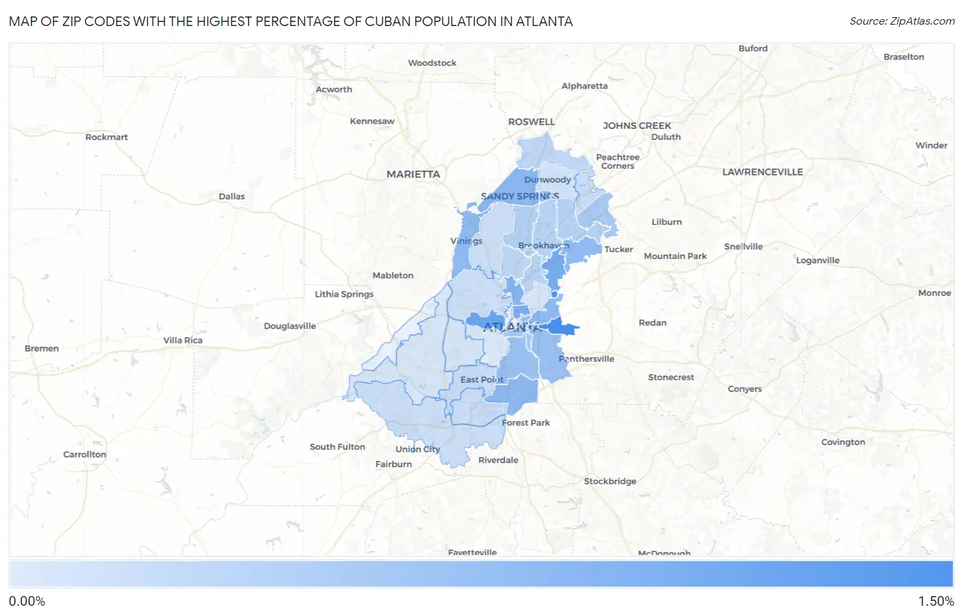 Zip Codes with the Highest Percentage of Cuban Population in Atlanta Map