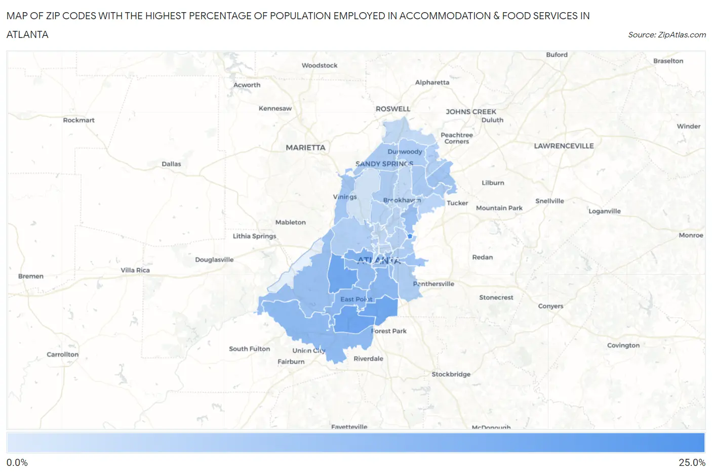 Zip Codes with the Highest Percentage of Population Employed in Accommodation & Food Services in Atlanta Map