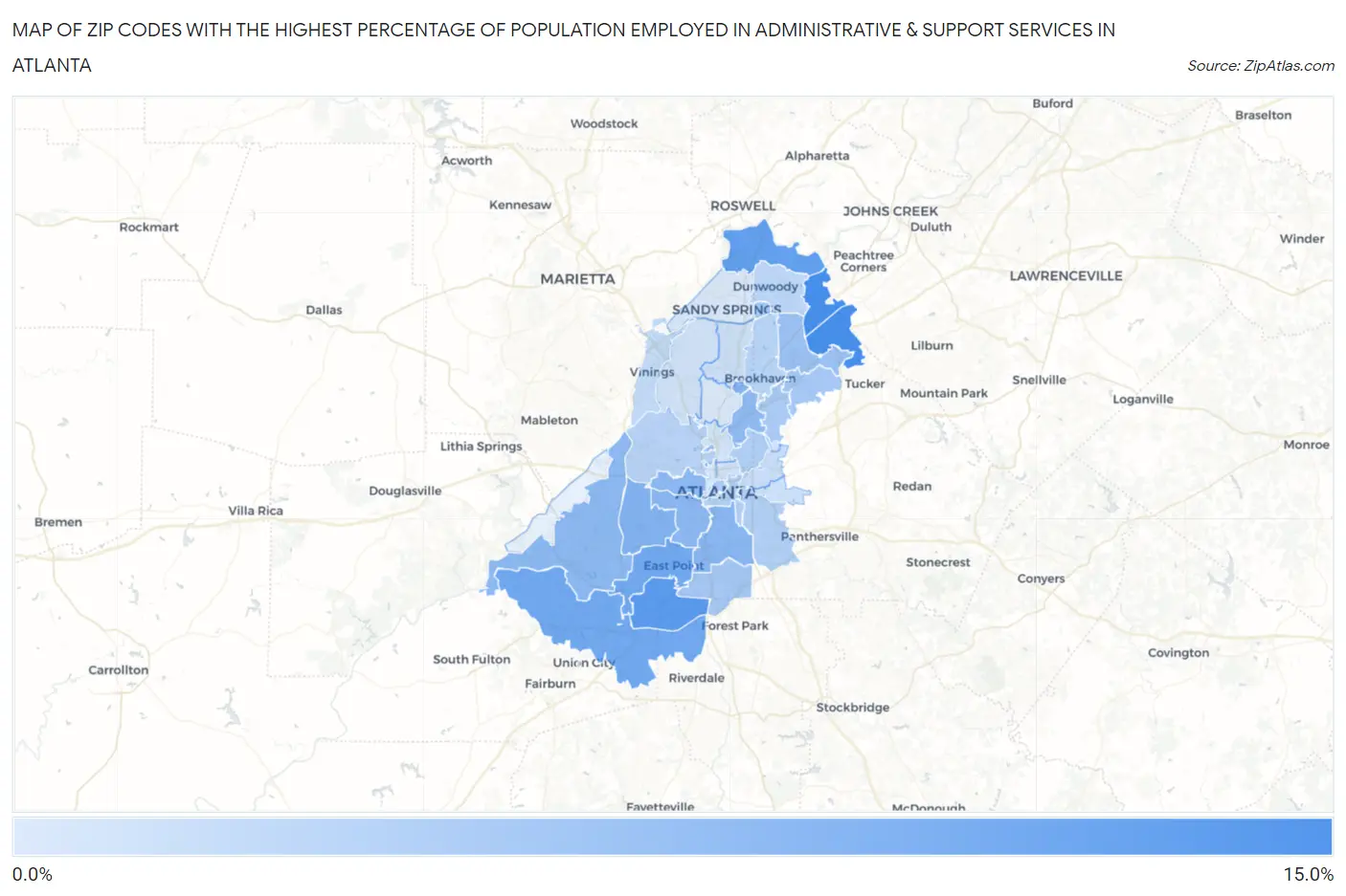 Zip Codes with the Highest Percentage of Population Employed in Administrative & Support Services in Atlanta Map