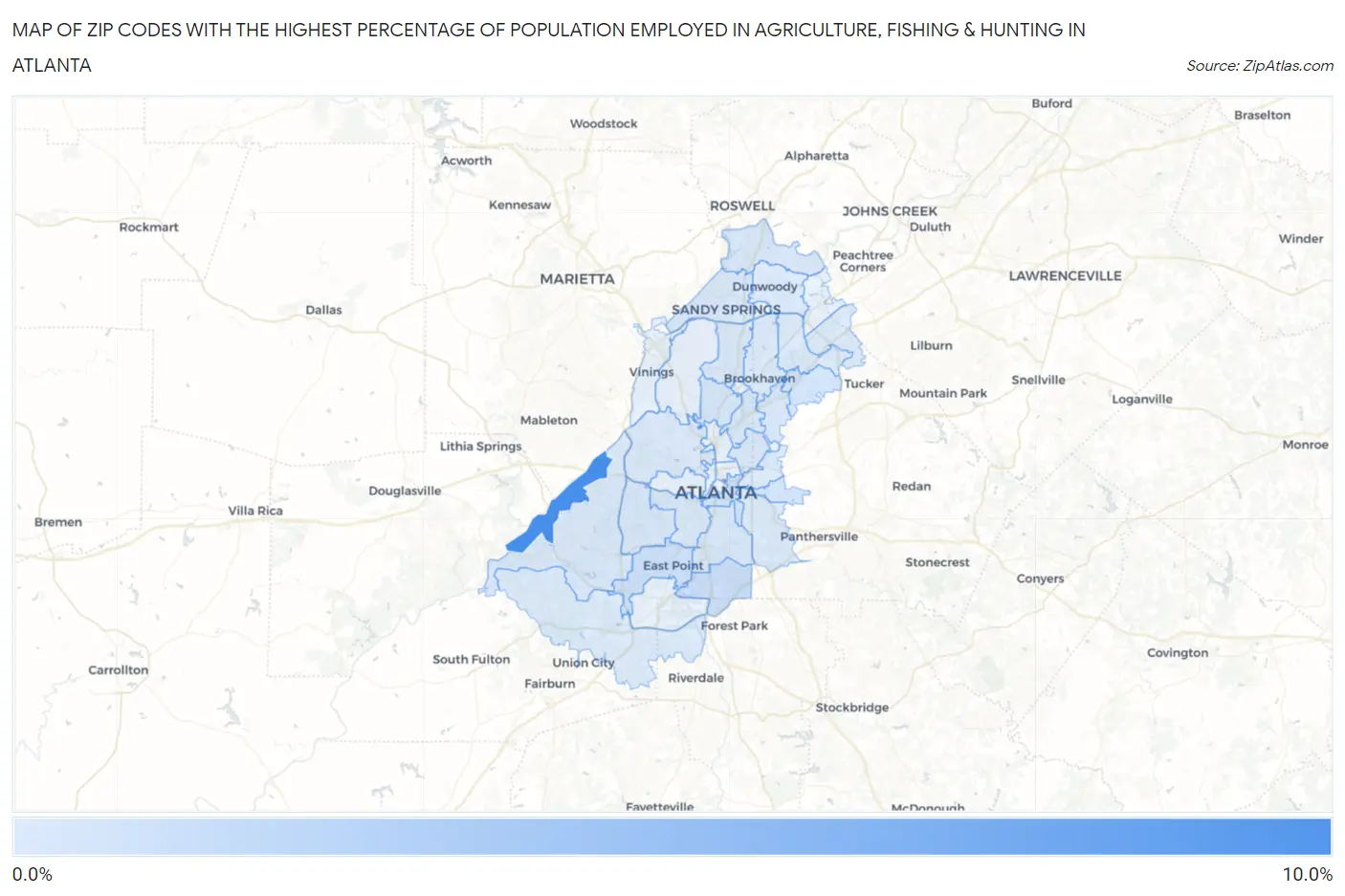 Zip Codes with the Highest Percentage of Population Employed in Agriculture, Fishing & Hunting in Atlanta Map