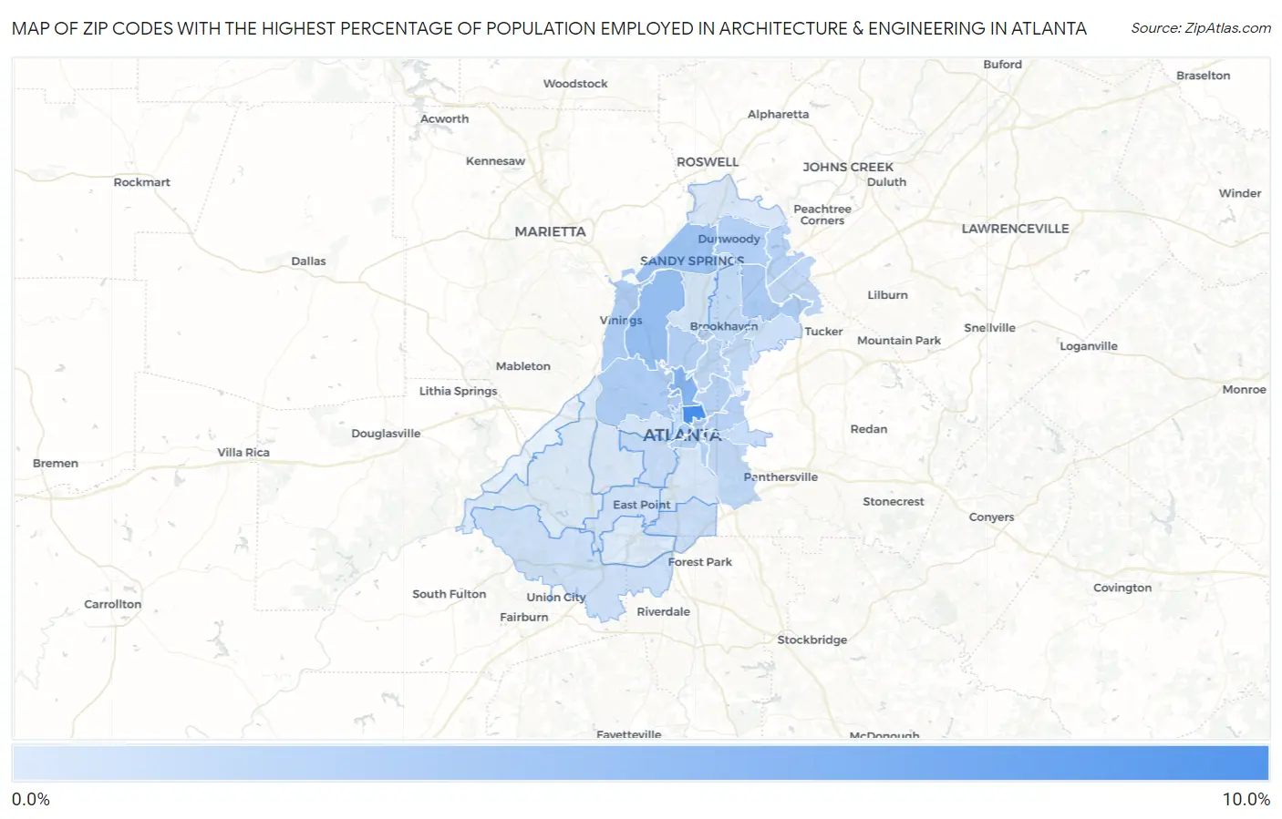 Zip Codes with the Highest Percentage of Population Employed in Architecture & Engineering in Atlanta Map