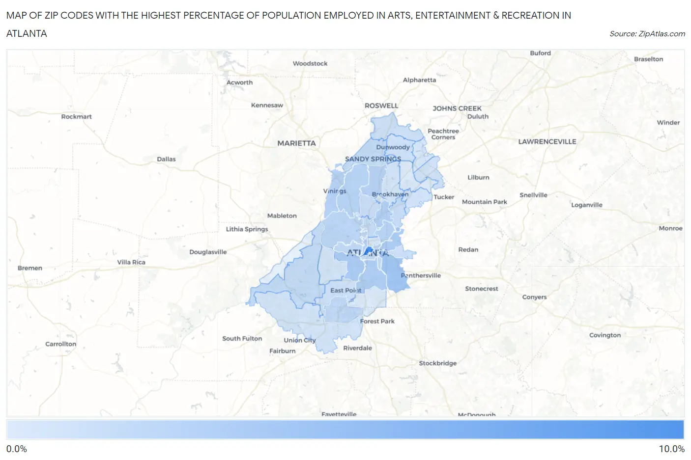 Zip Codes with the Highest Percentage of Population Employed in Arts, Entertainment & Recreation in Atlanta Map