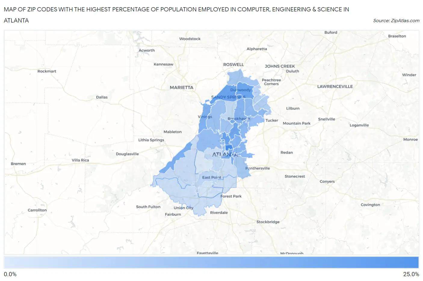 Zip Codes with the Highest Percentage of Population Employed in Computer, Engineering & Science in Atlanta Map