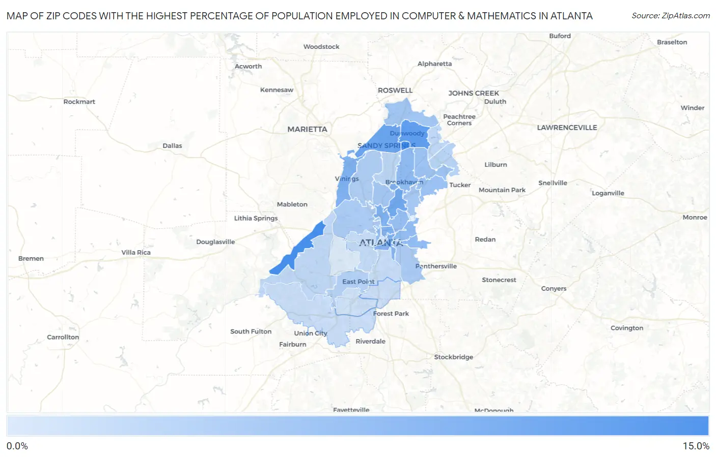 Zip Codes with the Highest Percentage of Population Employed in Computer & Mathematics in Atlanta Map