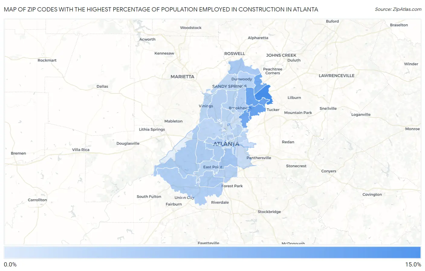 Zip Codes with the Highest Percentage of Population Employed in Construction in Atlanta Map