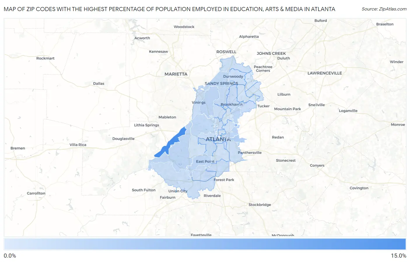 Zip Codes with the Highest Percentage of Population Employed in Education, Arts & Media in Atlanta Map