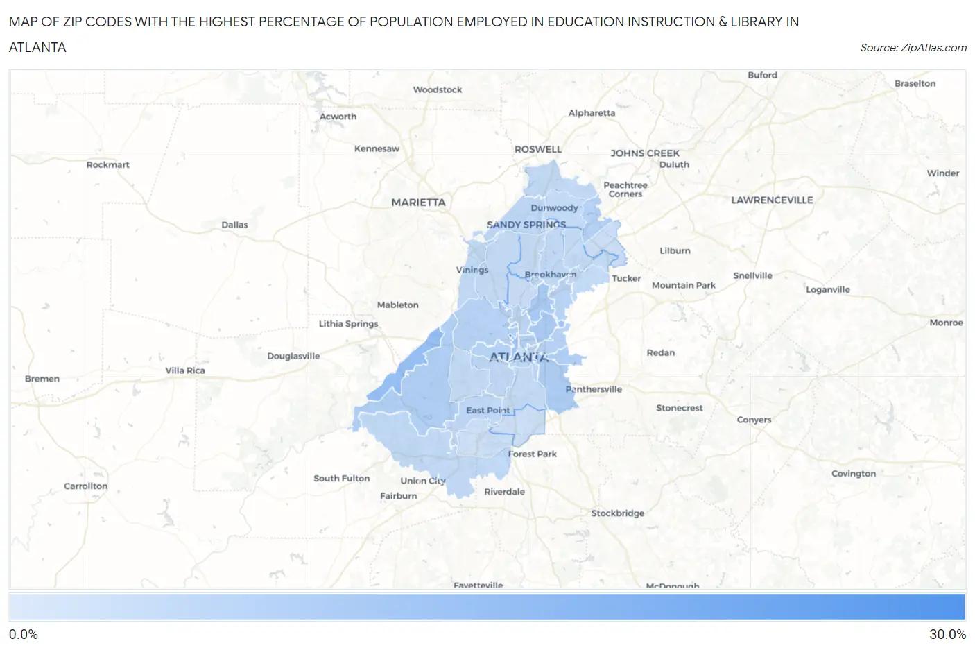 Zip Codes with the Highest Percentage of Population Employed in Education Instruction & Library in Atlanta Map