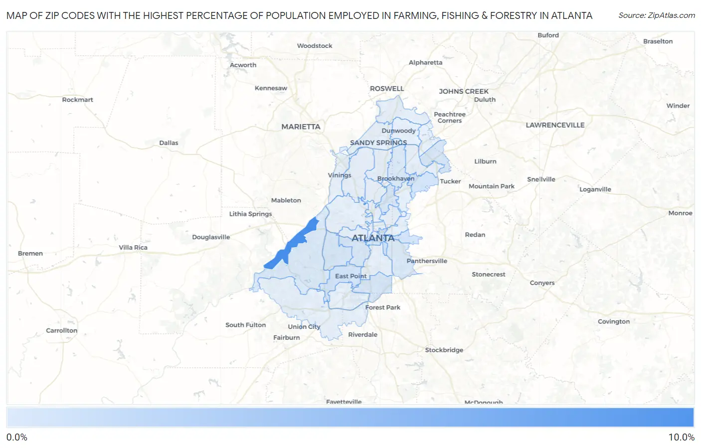 Zip Codes with the Highest Percentage of Population Employed in Farming, Fishing & Forestry in Atlanta Map