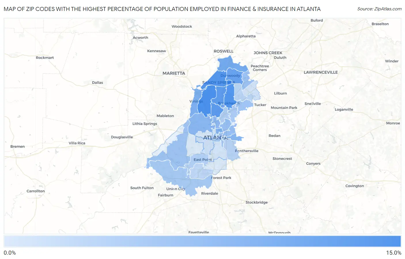 Zip Codes with the Highest Percentage of Population Employed in Finance & Insurance in Atlanta Map