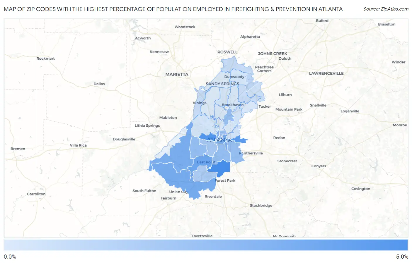 Zip Codes with the Highest Percentage of Population Employed in Firefighting & Prevention in Atlanta Map