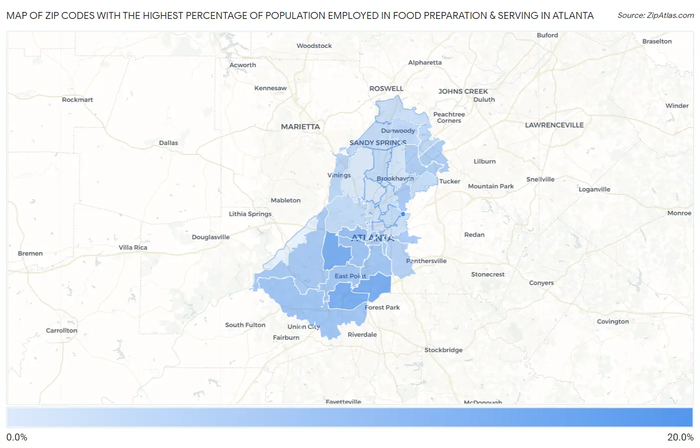 Zip Codes with the Highest Percentage of Population Employed in Food Preparation & Serving in Atlanta Map