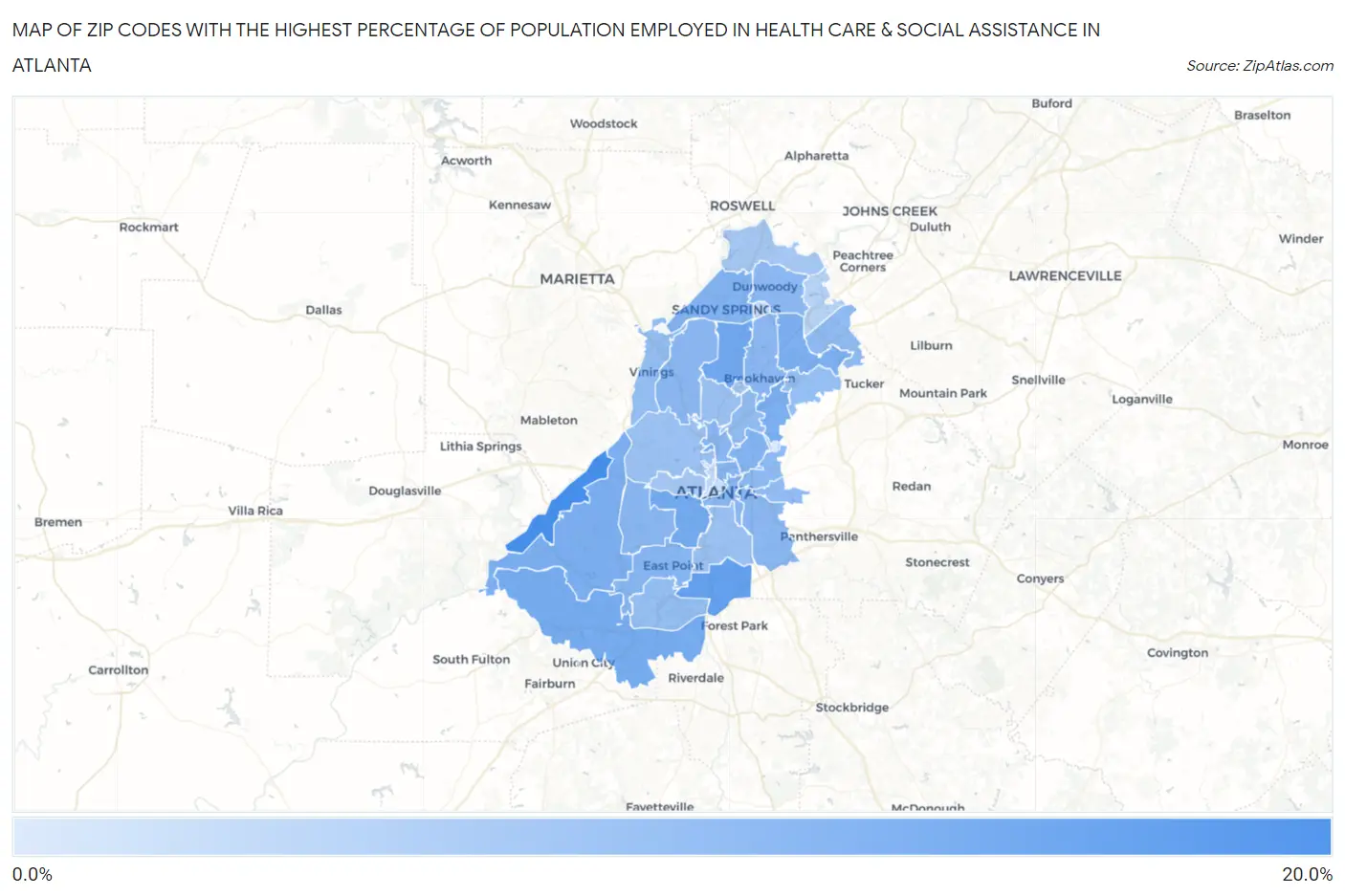 Zip Codes with the Highest Percentage of Population Employed in Health Care & Social Assistance in Atlanta Map
