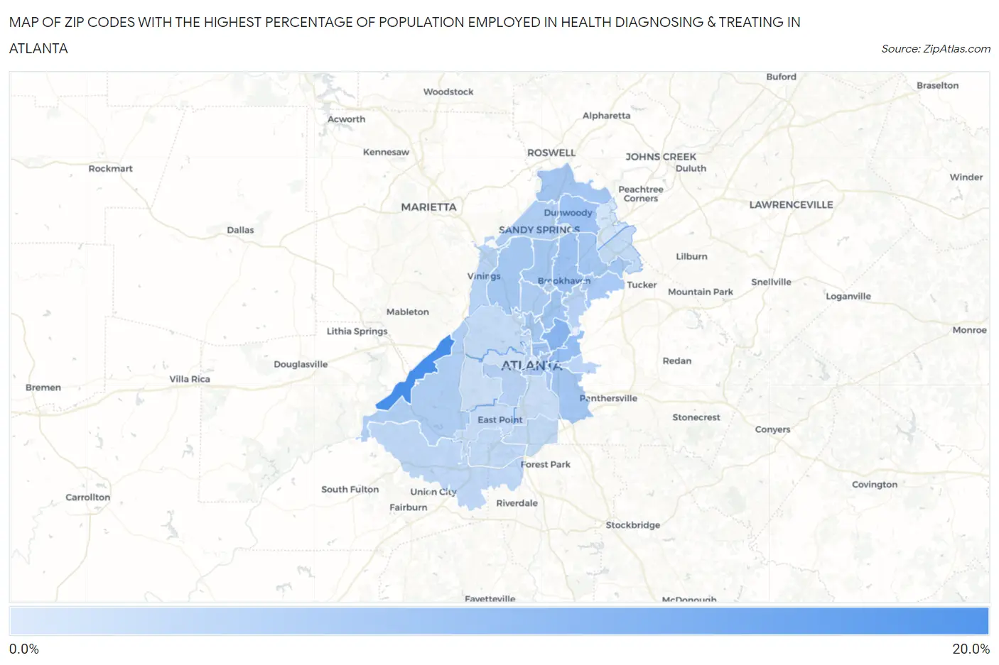 Zip Codes with the Highest Percentage of Population Employed in Health Diagnosing & Treating in Atlanta Map