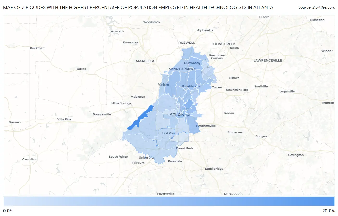 Zip Codes with the Highest Percentage of Population Employed in Health Technologists in Atlanta Map