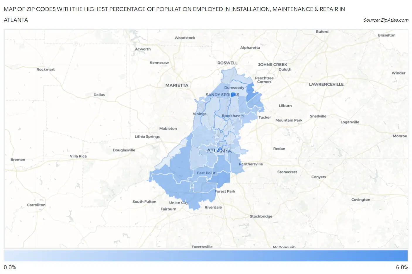 Zip Codes with the Highest Percentage of Population Employed in Installation, Maintenance & Repair in Atlanta Map