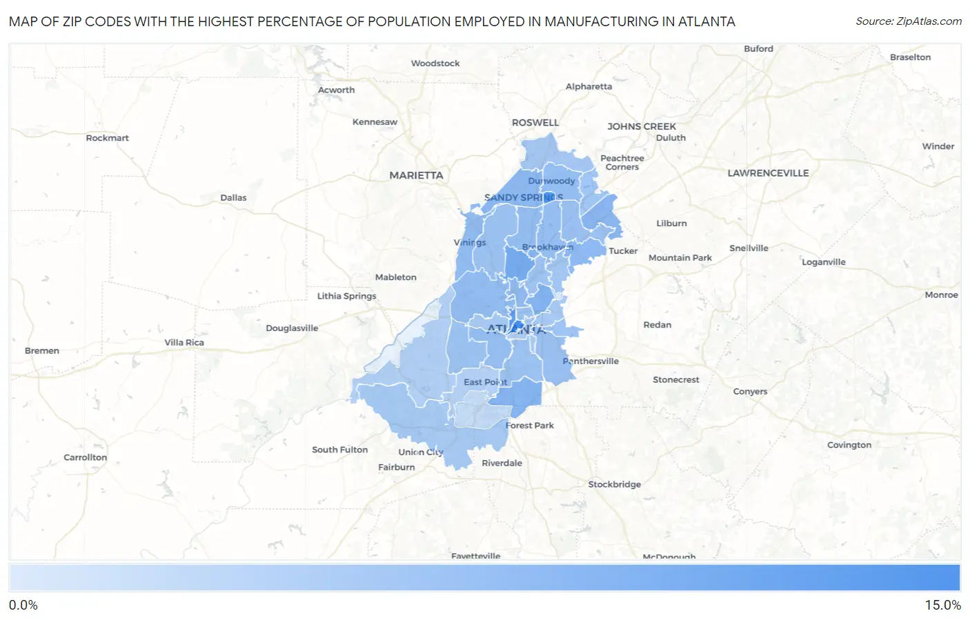Zip Codes with the Highest Percentage of Population Employed in Manufacturing in Atlanta Map