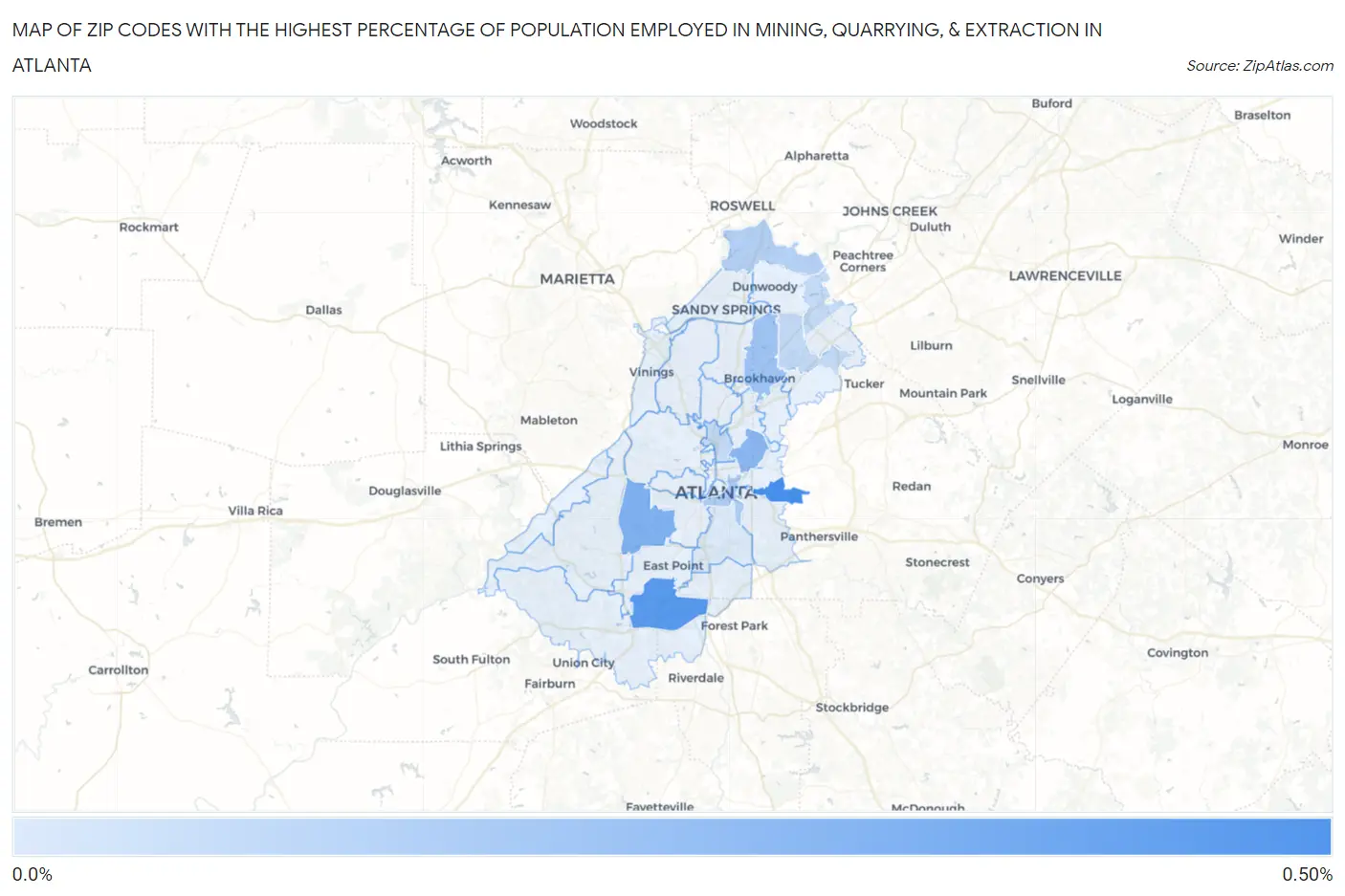 Zip Codes with the Highest Percentage of Population Employed in Mining, Quarrying, & Extraction in Atlanta Map