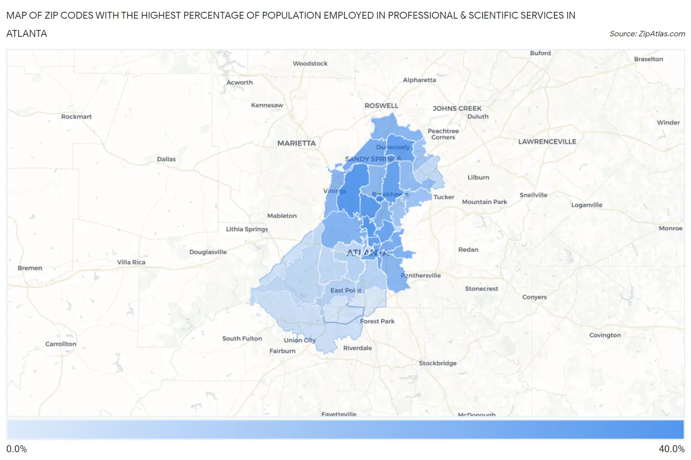 Zip Codes with the Highest Percentage of Population Employed in Professional & Scientific Services in Atlanta Map