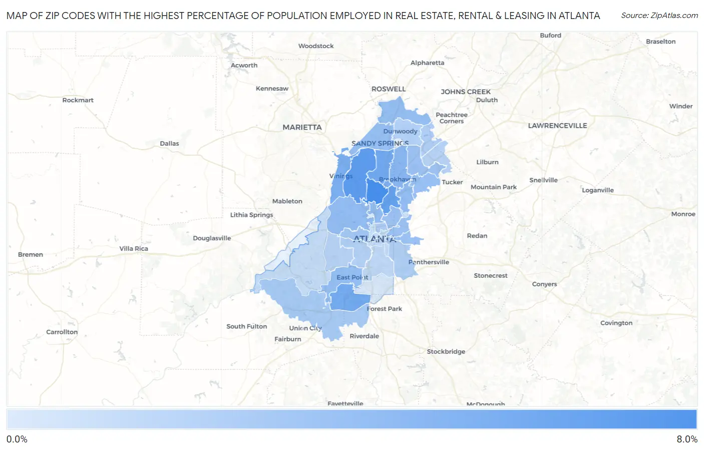 Zip Codes with the Highest Percentage of Population Employed in Real Estate, Rental & Leasing in Atlanta Map