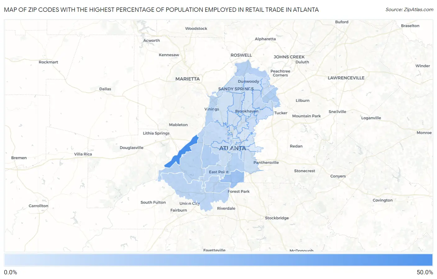 Zip Codes with the Highest Percentage of Population Employed in Retail Trade in Atlanta Map