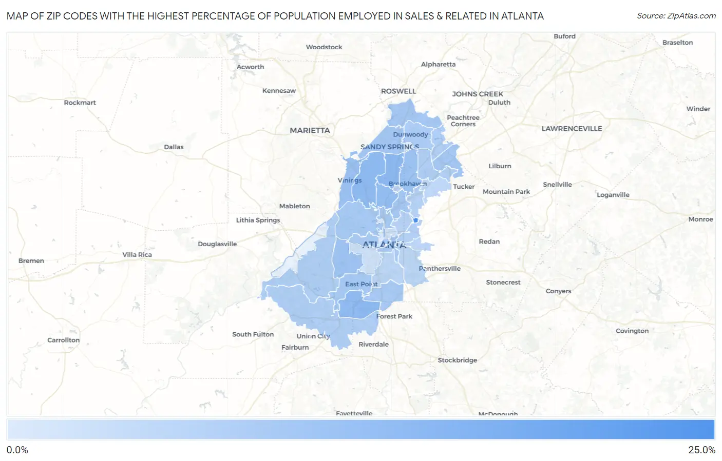 Zip Codes with the Highest Percentage of Population Employed in Sales & Related in Atlanta Map