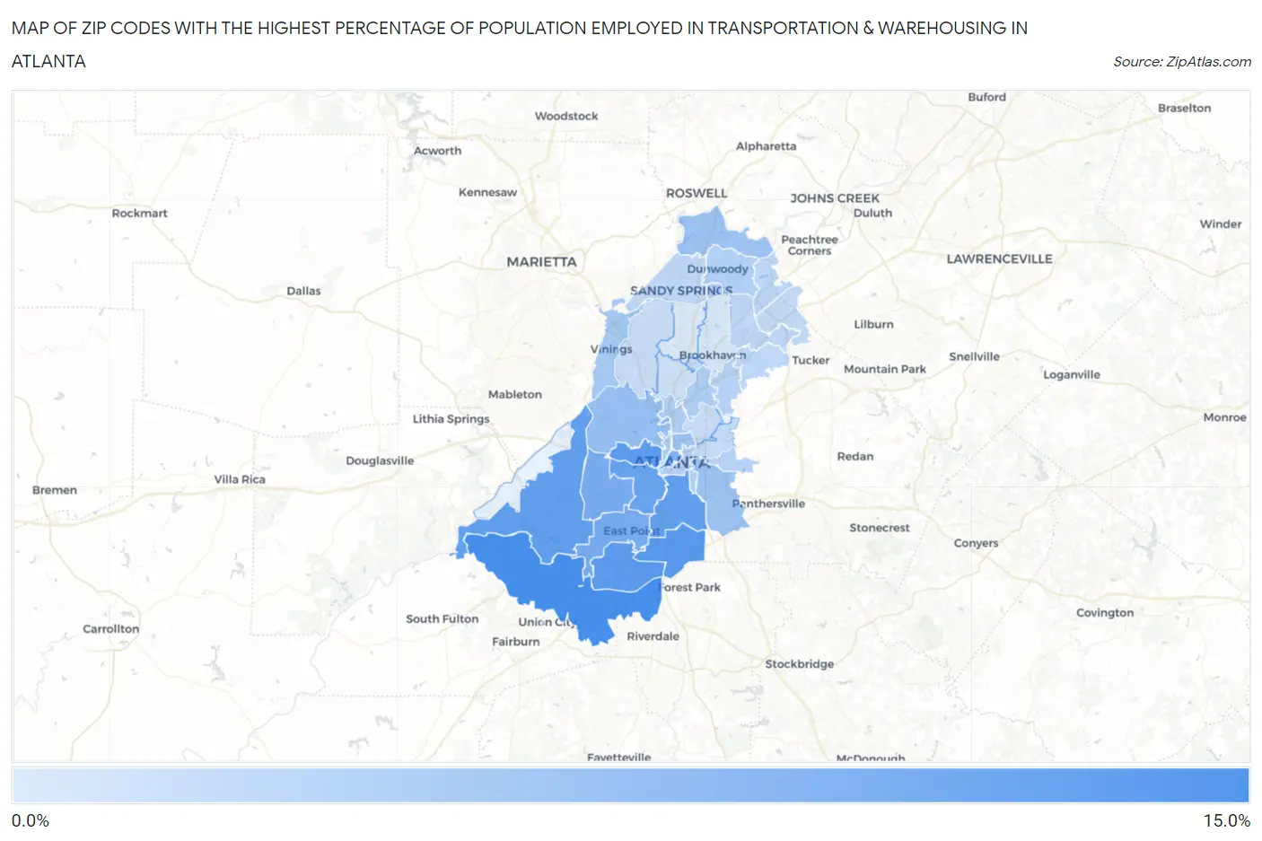 Zip Codes with the Highest Percentage of Population Employed in Transportation & Warehousing in Atlanta Map