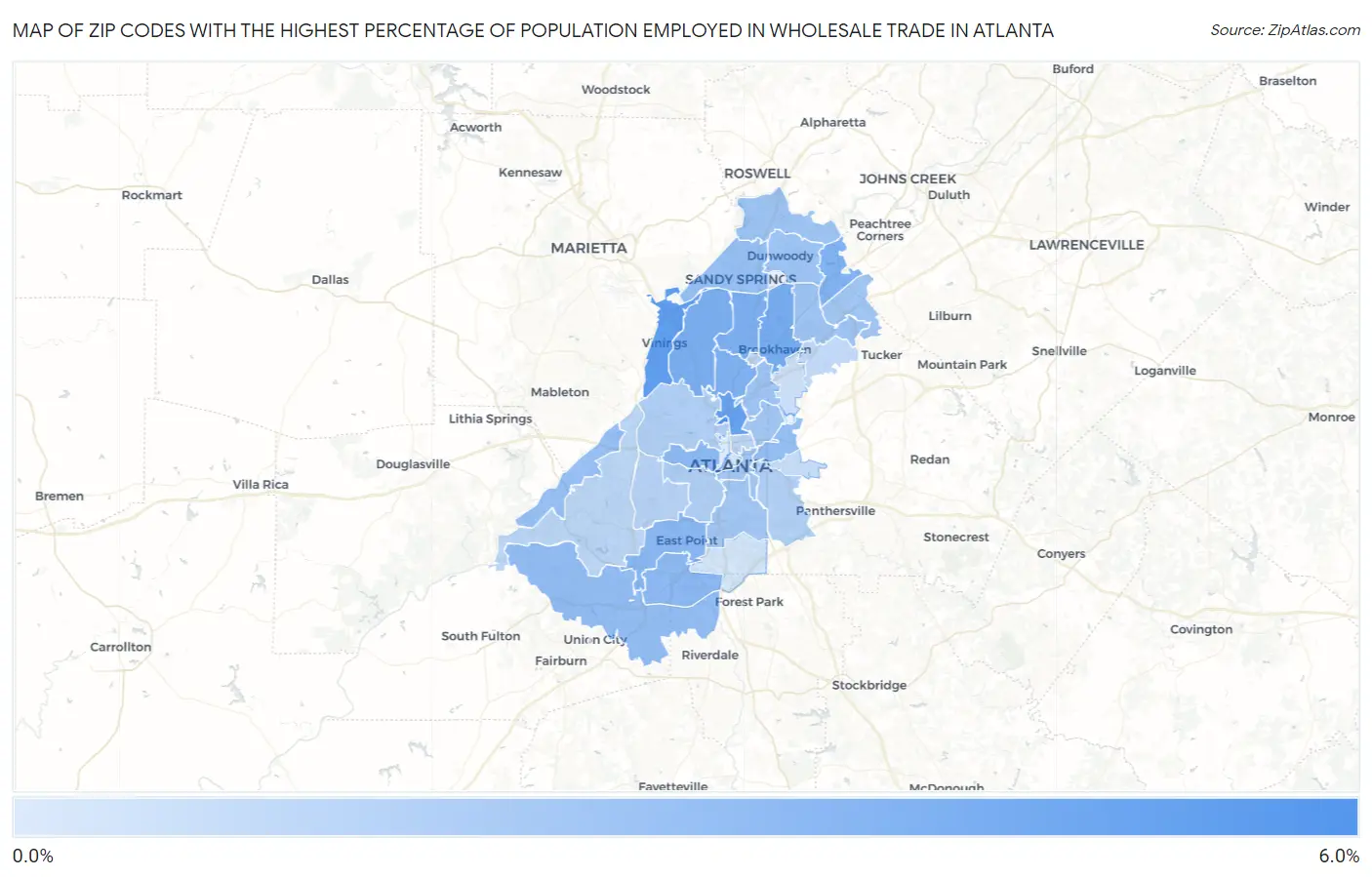 Zip Codes with the Highest Percentage of Population Employed in Wholesale Trade in Atlanta Map