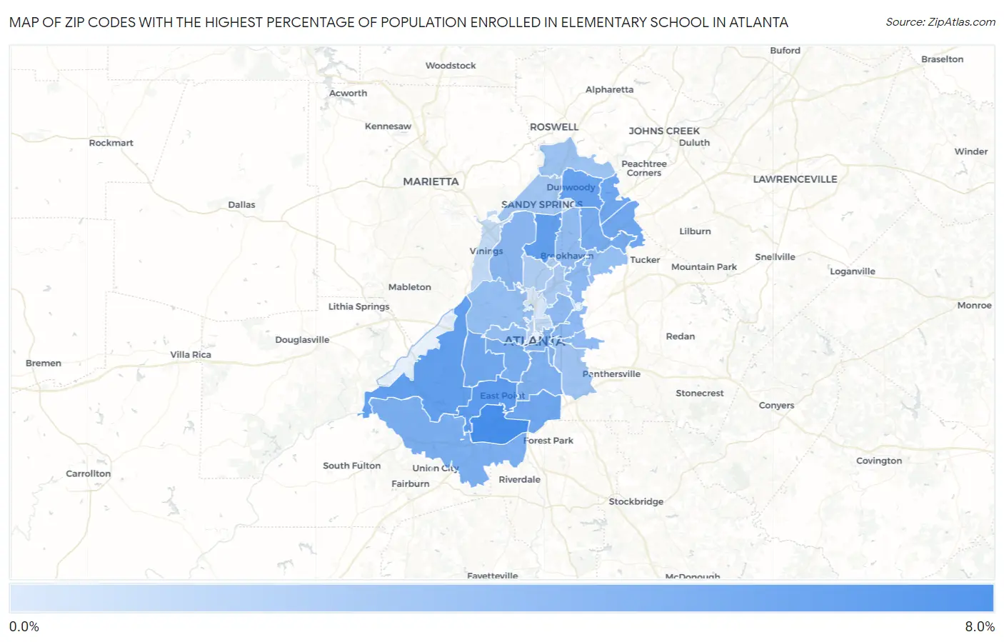 Zip Codes with the Highest Percentage of Population Enrolled in Elementary School in Atlanta Map