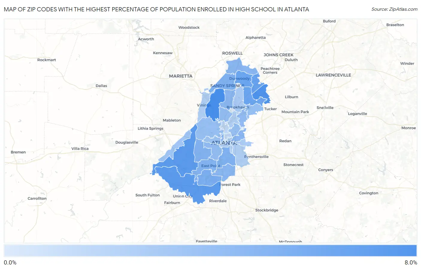 Zip Codes with the Highest Percentage of Population Enrolled in High School in Atlanta Map
