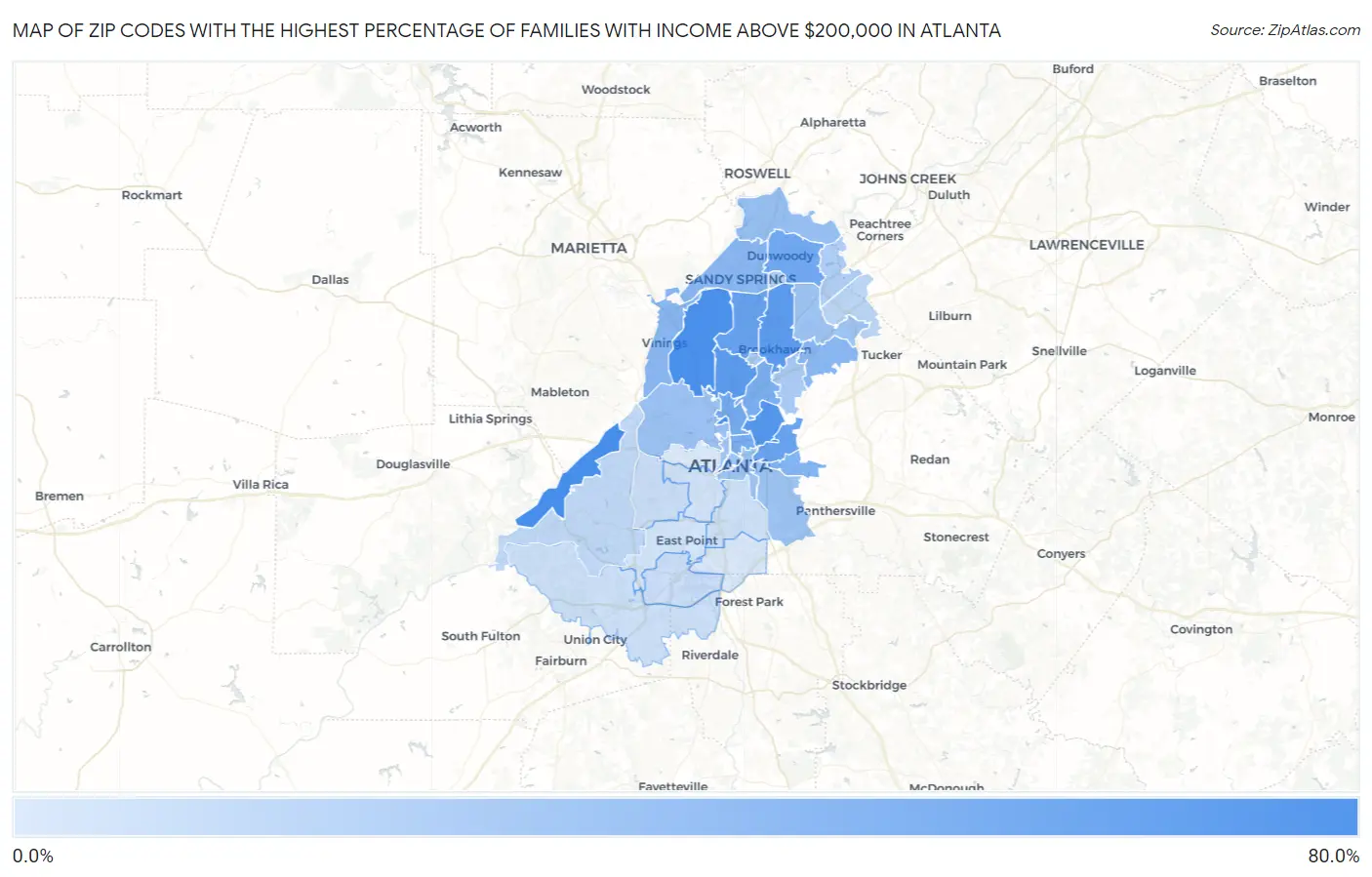 Zip Codes with the Highest Percentage of Families with Income Above $200,000 in Atlanta Map